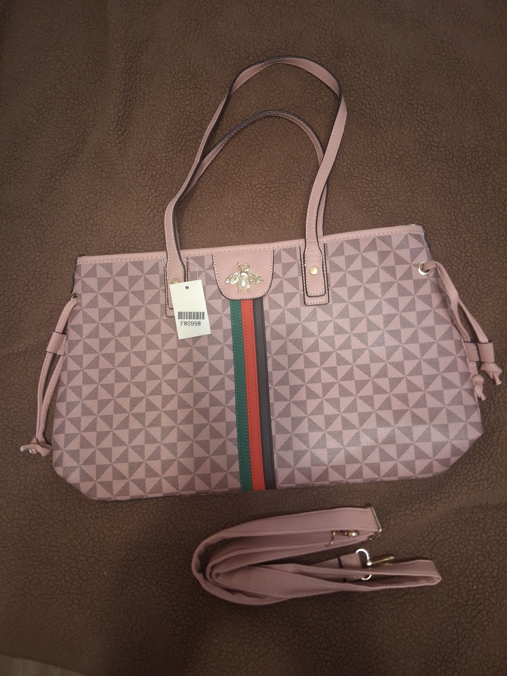 Blush Pink Geometric Shoulder Tote with Center Stripe